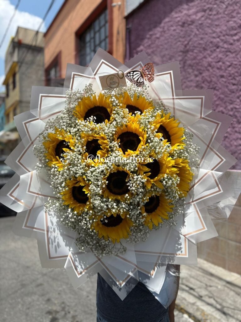 RAMO 10 GIRASOLES CON DESTELLOS DE FLOR NUBE