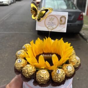 caja con 1 girasol y 10 chocolates ferrero rocher