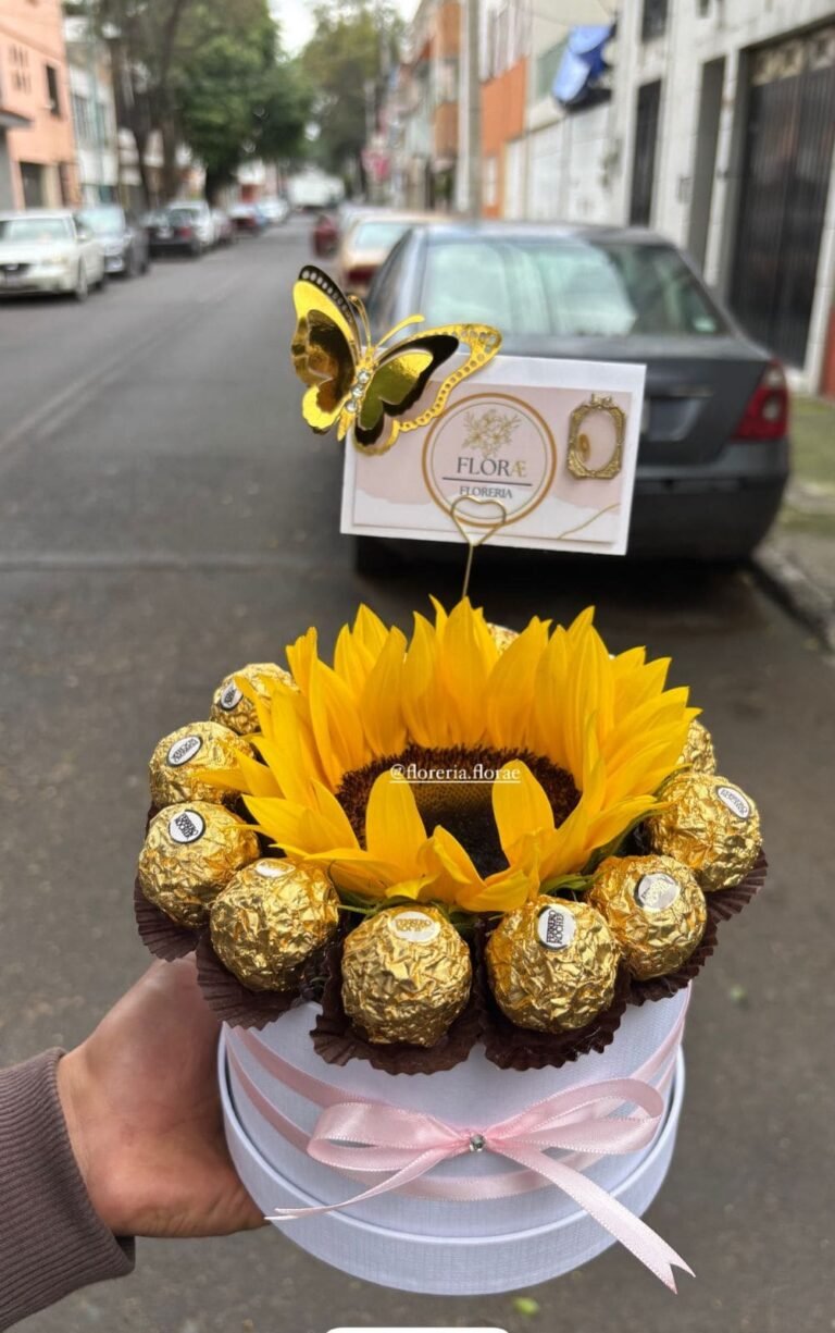 caja con 1 girasol y 10 chocolates ferrero rocher