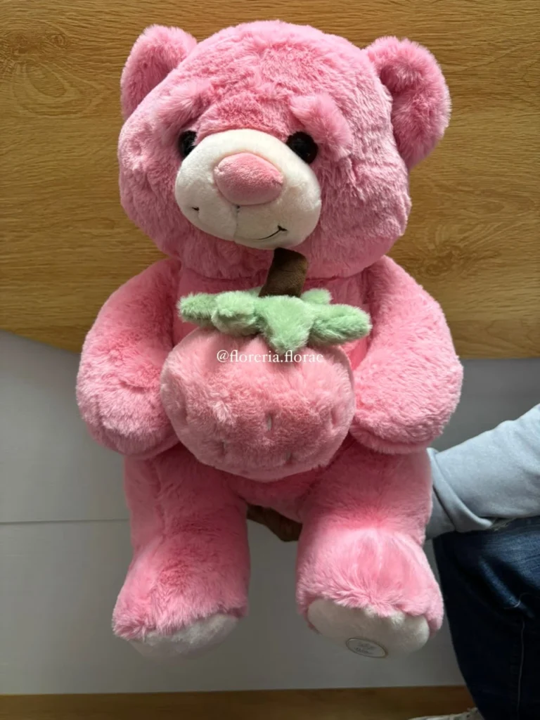 Peluche de oso rosa abrazando una fresa suave para regalo.